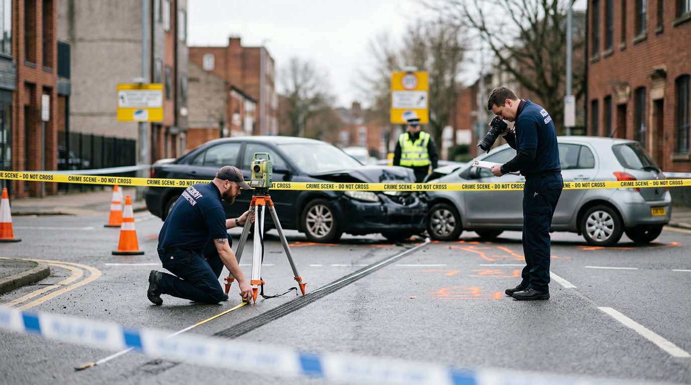 Forensic team documenting skid marks and vehicle positions at accident scene intersection.