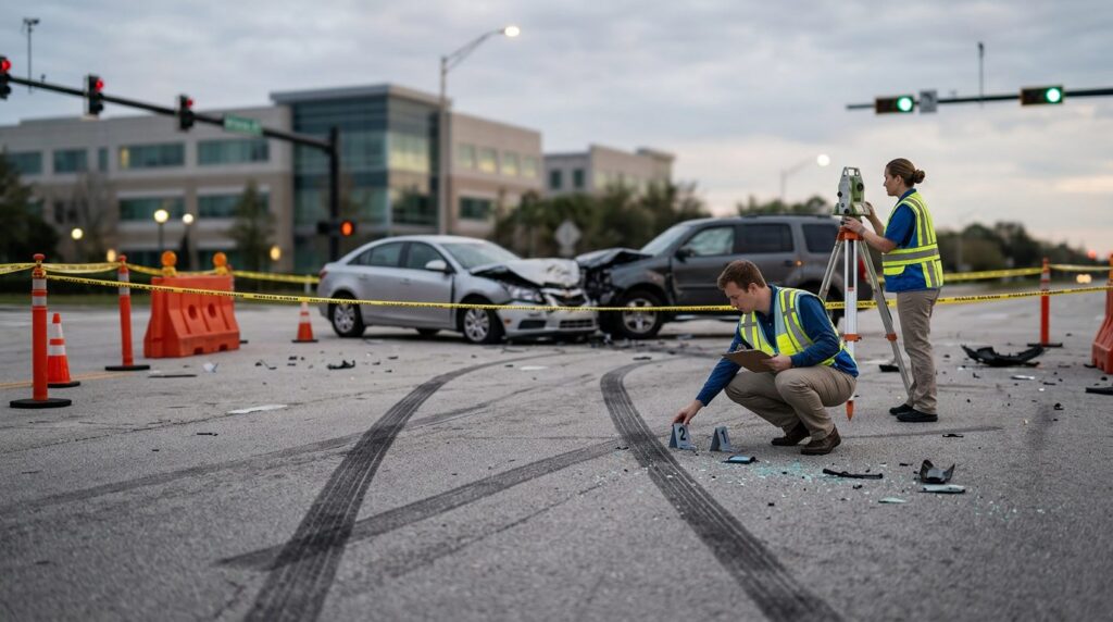 Forensic team documenting skid marks and vehicle positions at accident scene intersection.