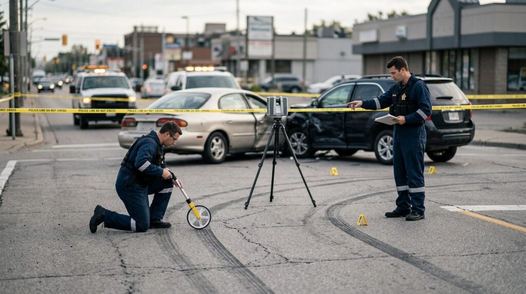 Forensic team documenting skid marks and vehicle positions at accident scene.