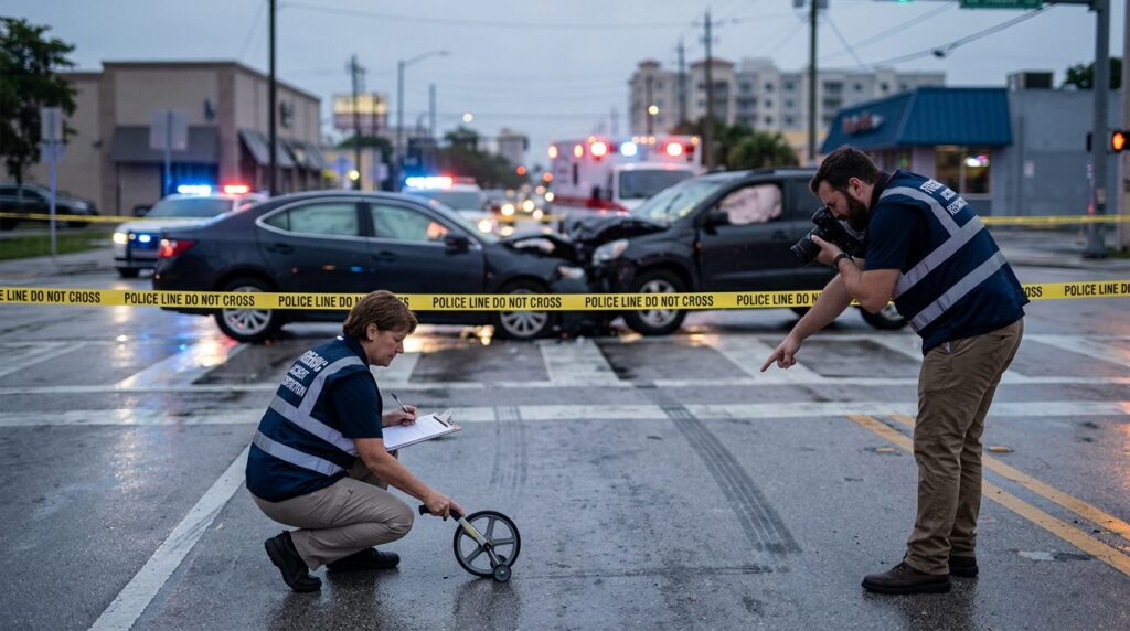 Forensic team documenting skid marks and vehicle positions at accident scene intersection.
