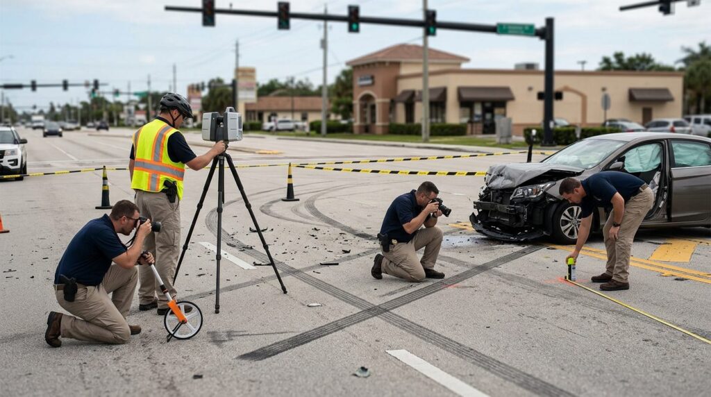Forensic team documenting skid marks and vehicle positions at accident scene intersection.