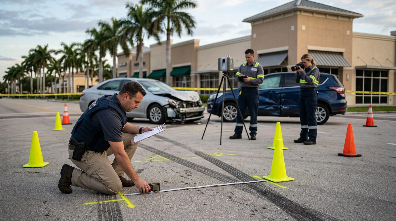 Forensic team documenting skid marks and vehicle positions at accident scene intersection.