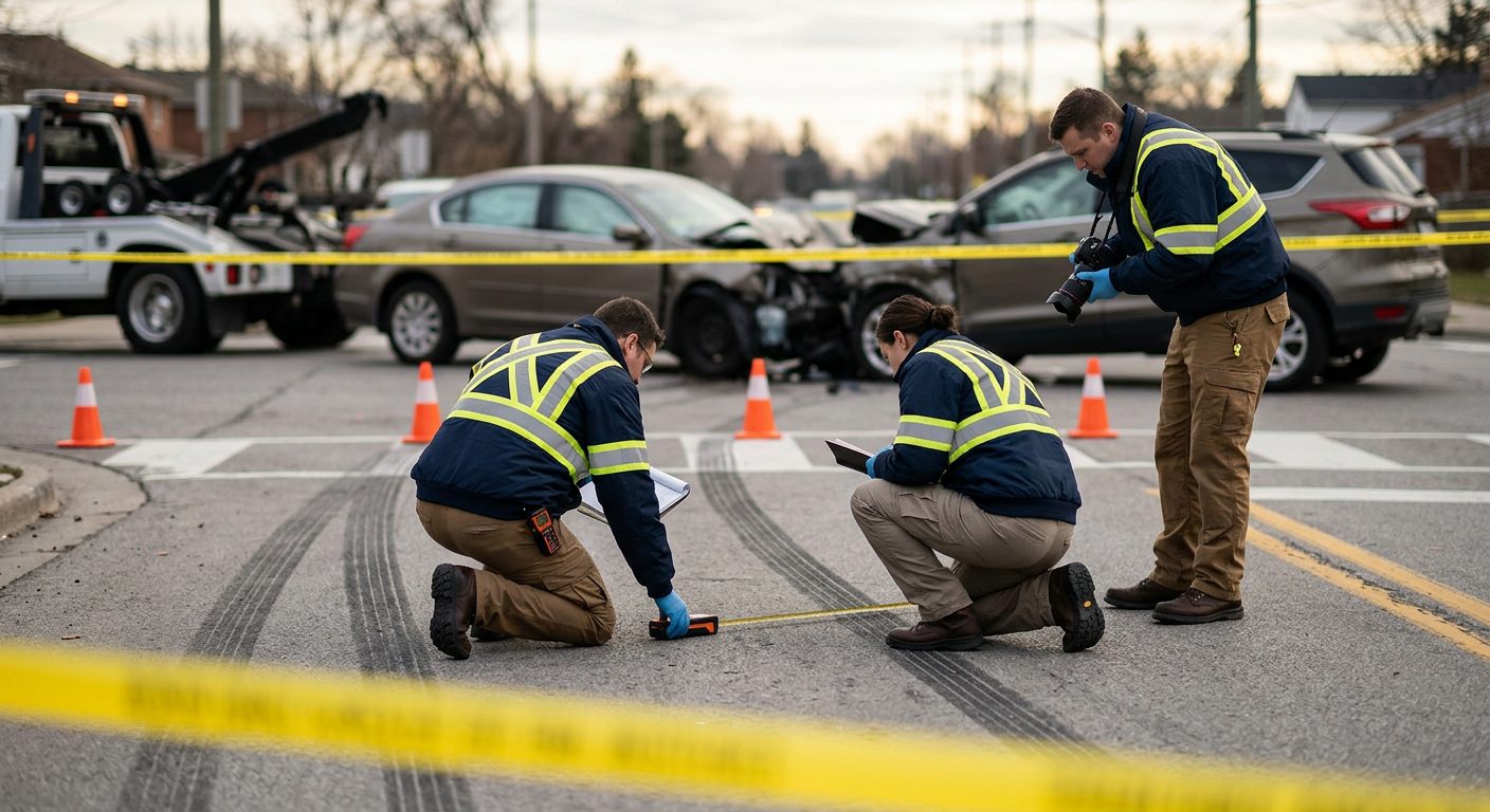 Forensic team documenting skid marks and vehicle positions at accident scene intersection.