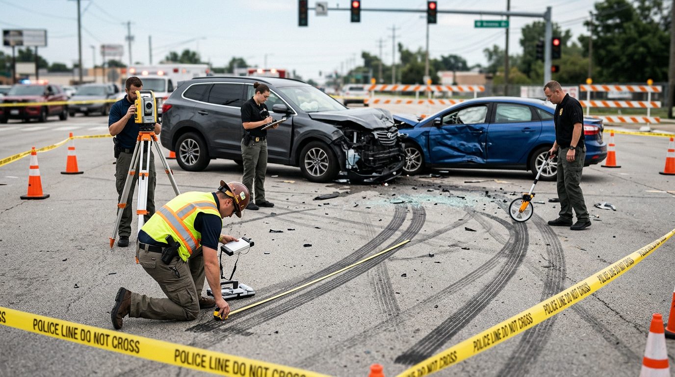 Forensic team documenting skid marks and vehicle positions at accident scene intersection.