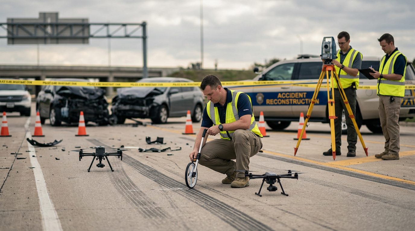 Forensic team documenting skid marks and vehicle positions at accident scene intersection.