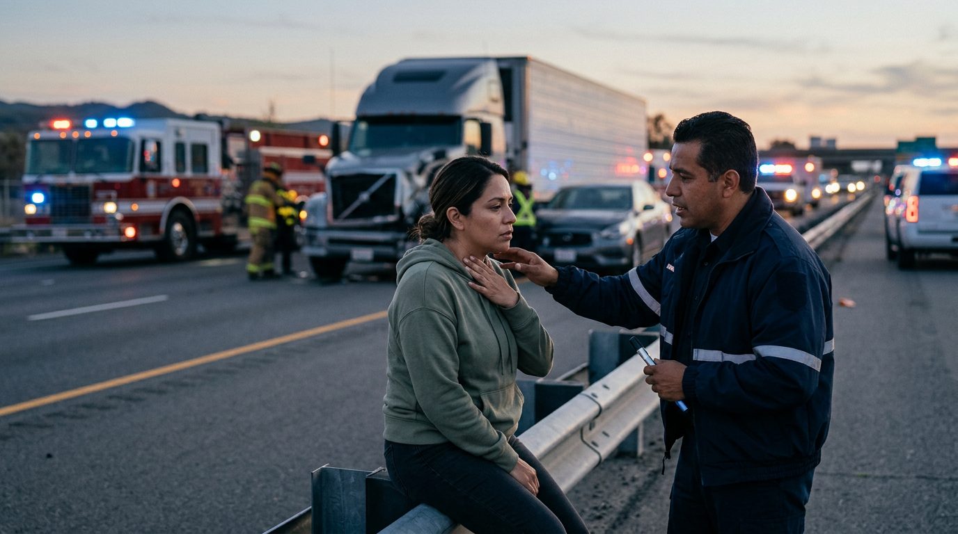 Hombre sosteniendo su cuello adolorido después de un accidente vehicular en la carretera.
