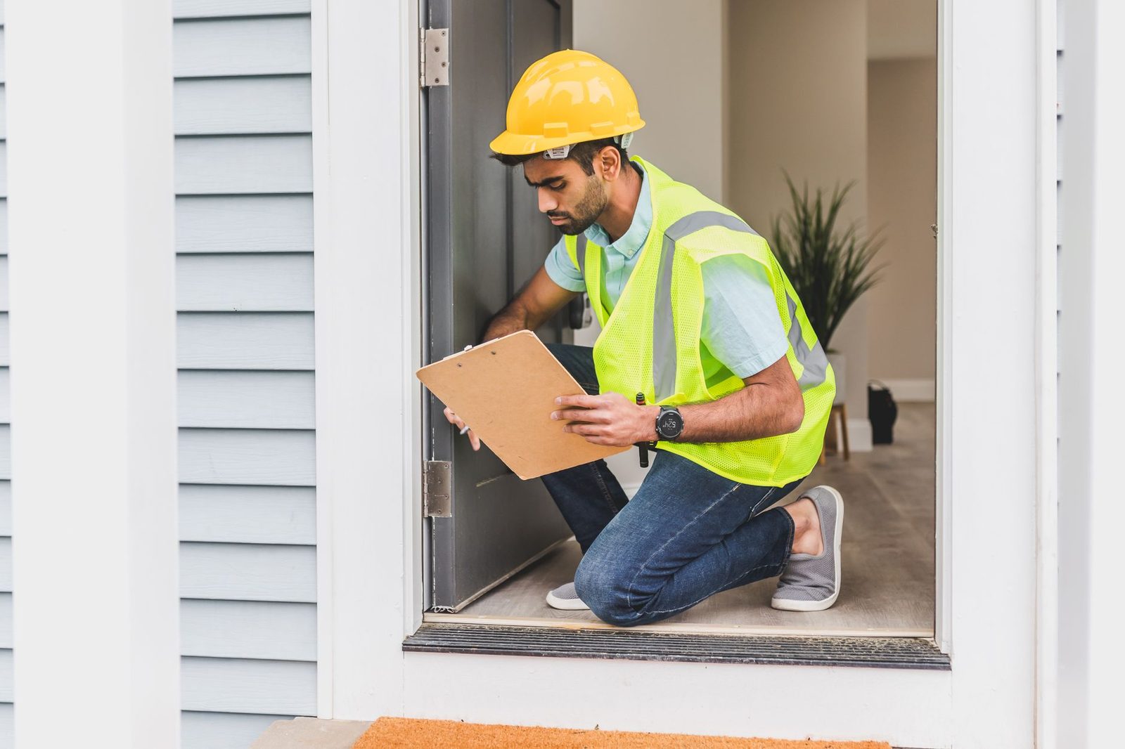 Home inspector in safety gear examining house interior for compliance issues.