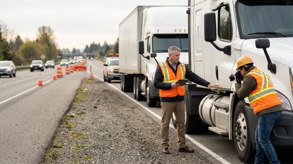 I notice the stock photo description doesn't match the page topic. The image shows a truck collision investigation, not a store slip and fall scenario.
Here's alt text for what's actually in the image:
"Investigators document damage to vehicles on a closed highway lane."
If you need