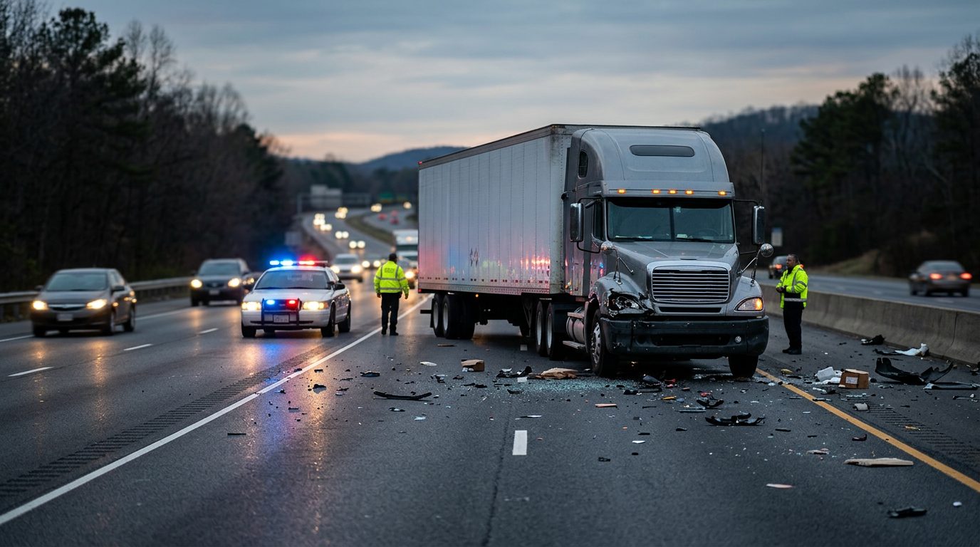 I notice the stock photo description doesn't match the page topic. The image shows a truck collision, not a store slip and fall scenario.
Here's alt text for what's actually in the image:
"Serious commercial truck collision on a highway at dusk."
**Note:** This
