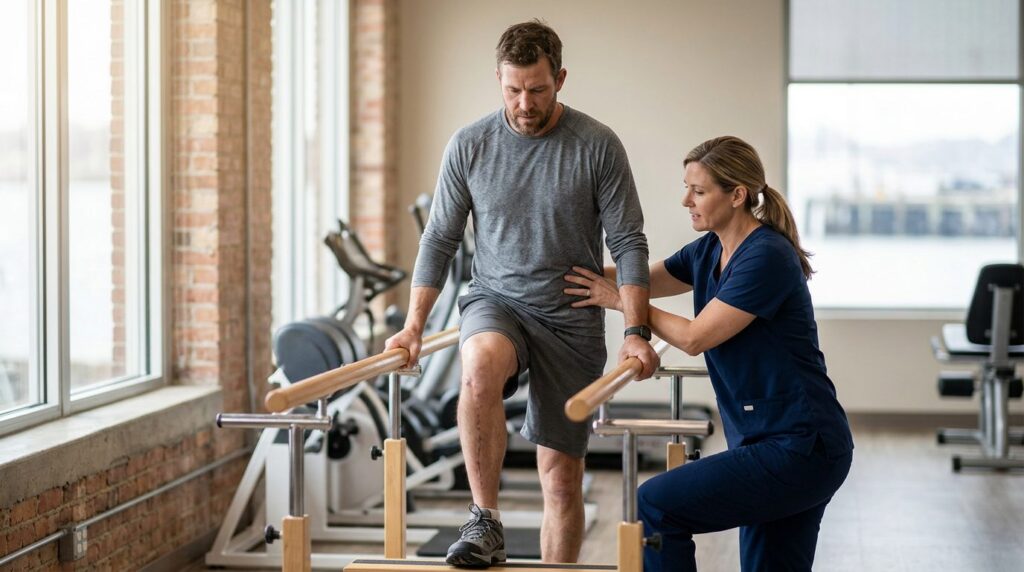 Injury survivor working with physical therapist on mobility exercises in rehabilitation facility.
