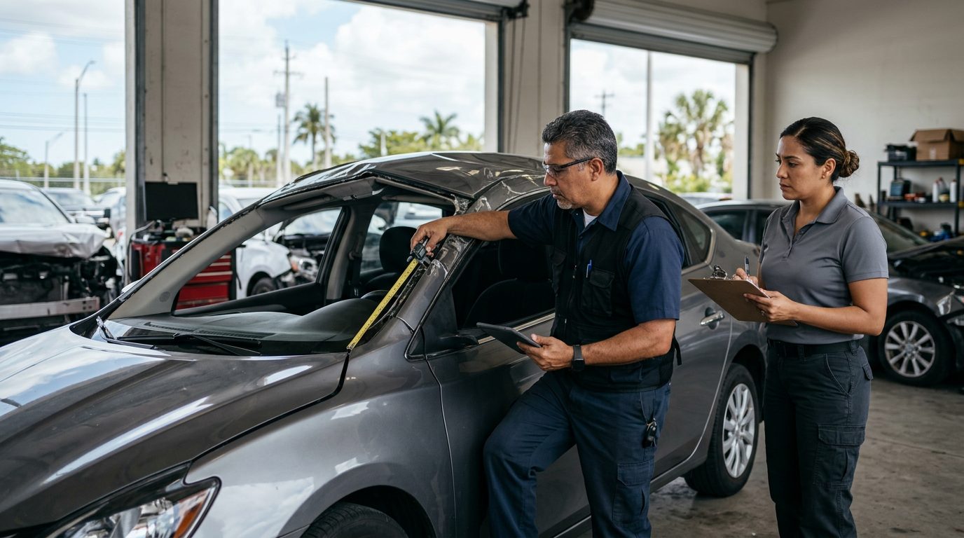Investigador de seguridad vehicular midiendo daños en automóvil volcado en taller de inspección.