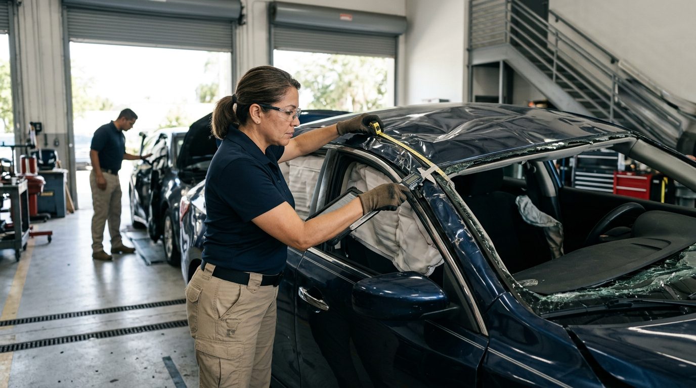 Investigador de seguridad vehicular midiendo daños en automóvil volcado en taller de inspección.