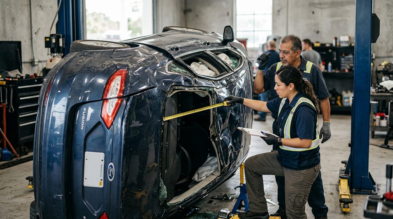 Investigador de seguridad vehicular midiendo daños en sedán volcado durante inspección.