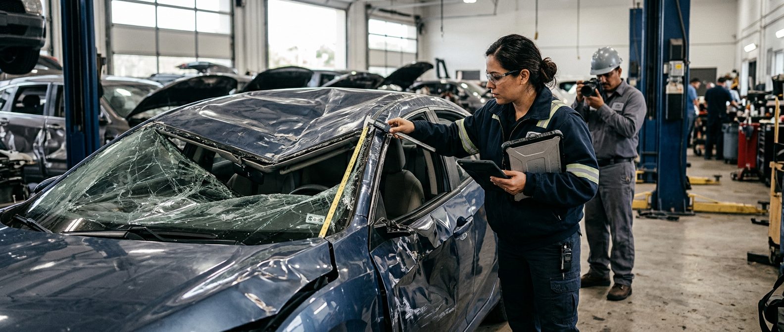 Investigador de seguridad vehicular midiendo daños en sedán volcado en taller de inspección.