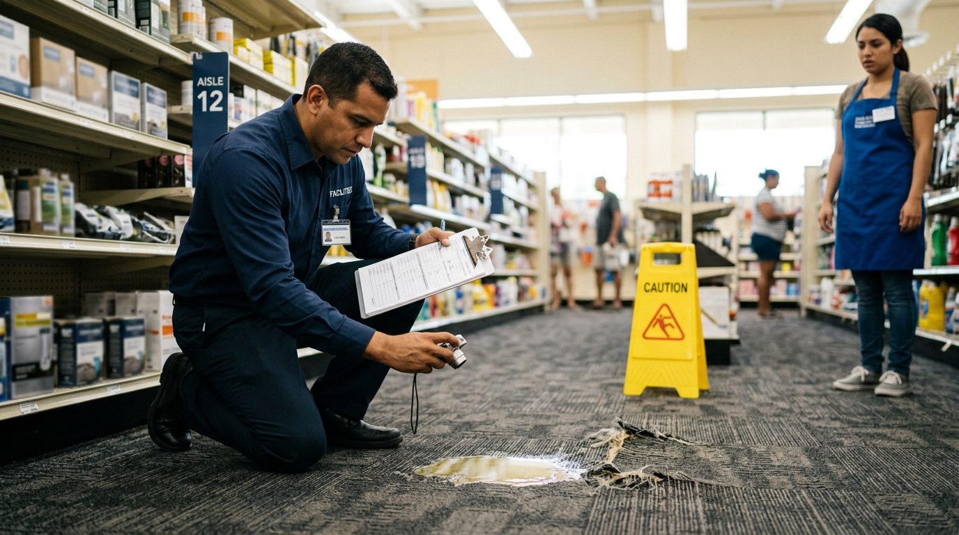 Investigador documenta charco sin señalizar, alfombra desgastada e iluminación deficiente en pasillo de tienda.
