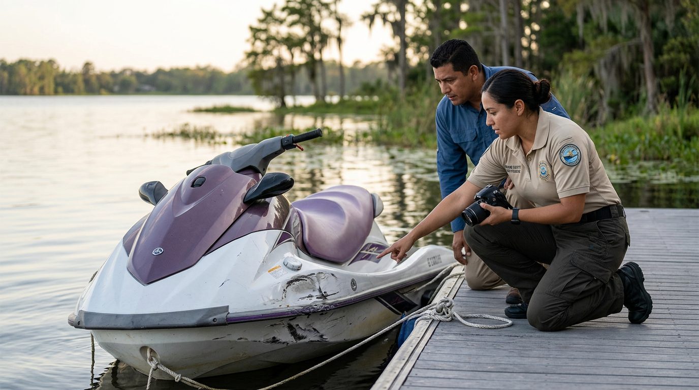 Investigador documenta daños en jet ski accidentado junto a muelle en Florida.