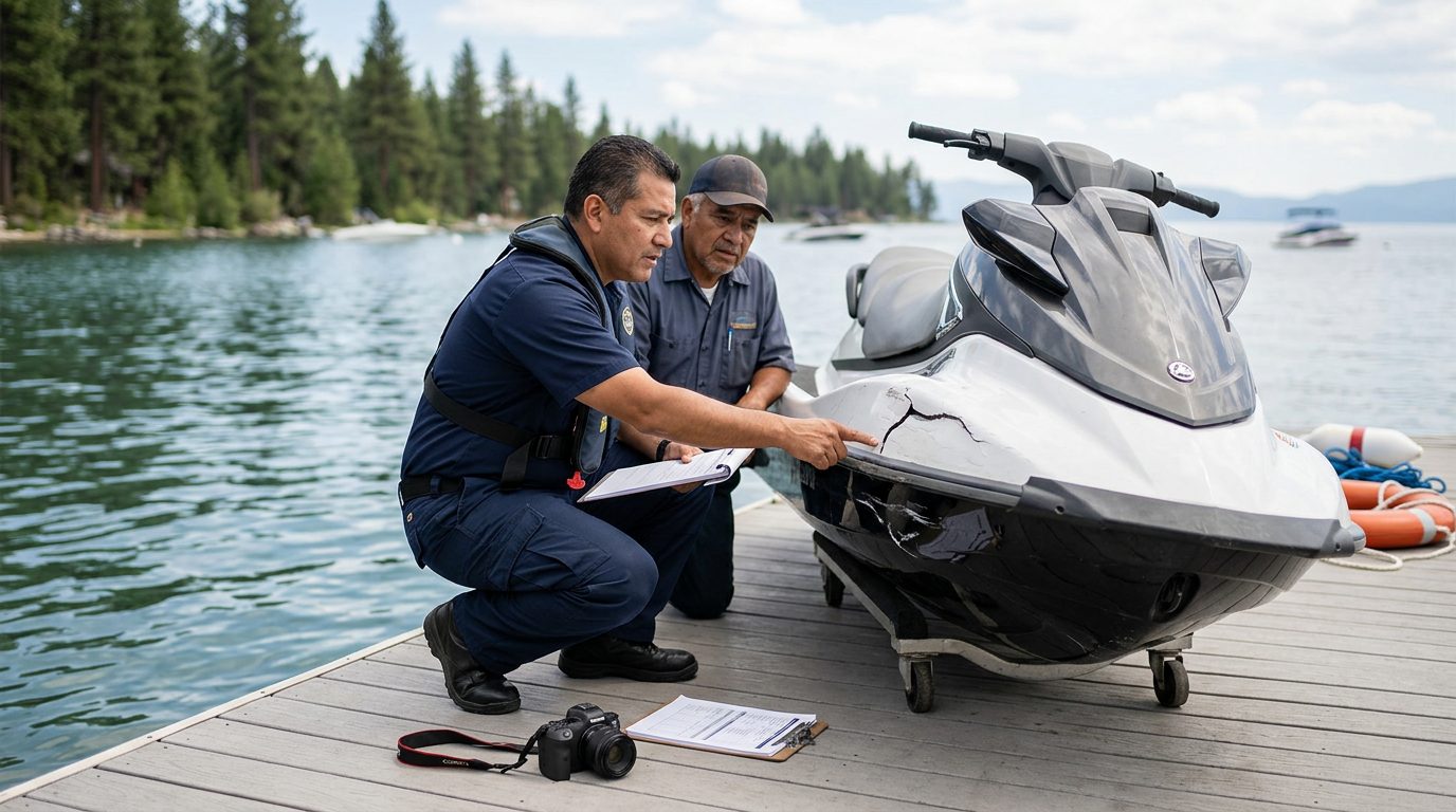 Investigador documenta jet ski dañado en muelle junto a lago tranquilo.