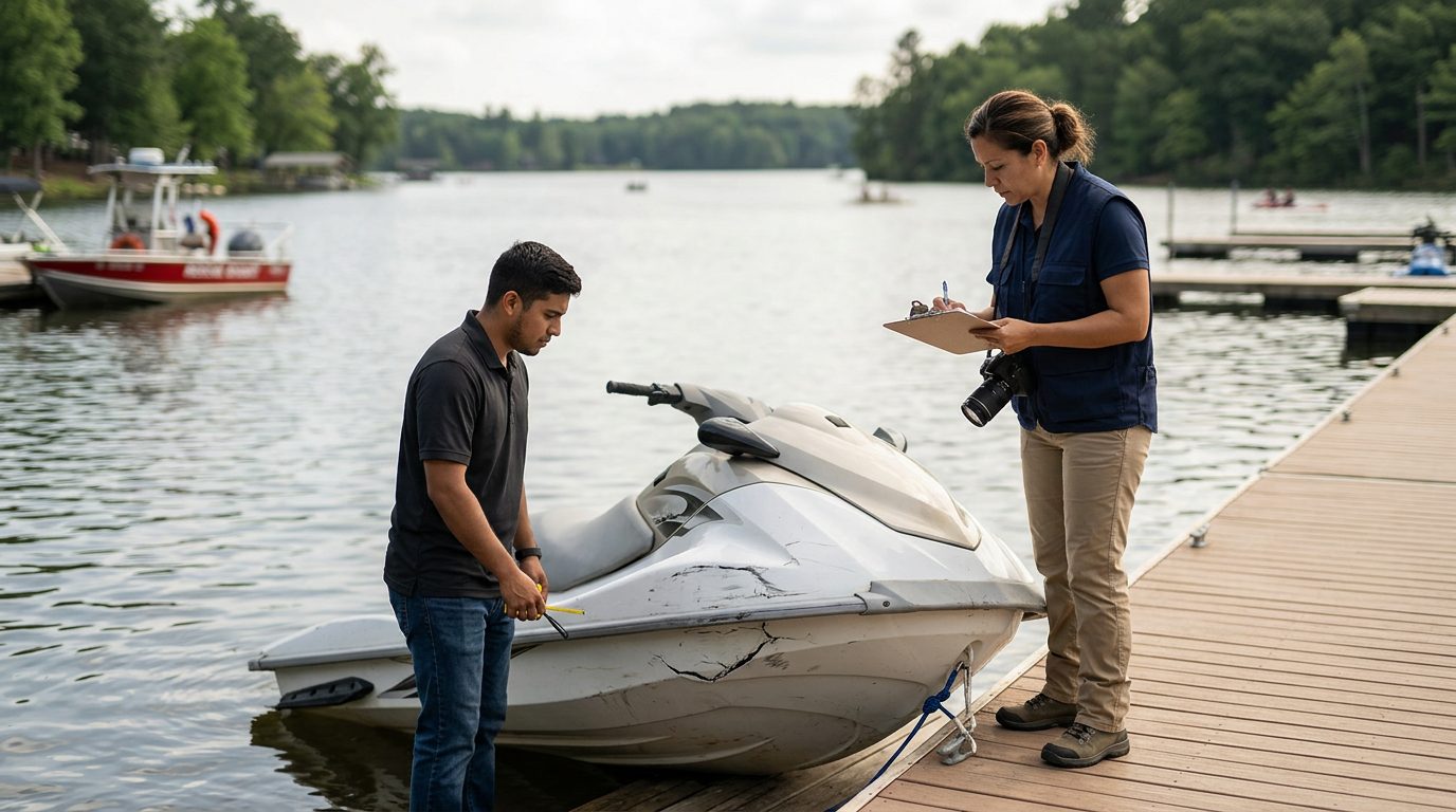 Investigador documentando jet ski dañado en muelle junto a lago tranquilo.