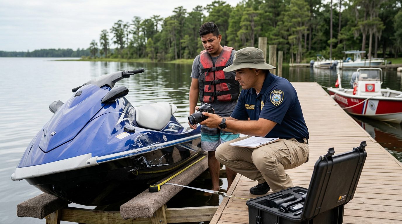 Investigador documentando jet ski dañado en muelle junto a lago tranquilo.