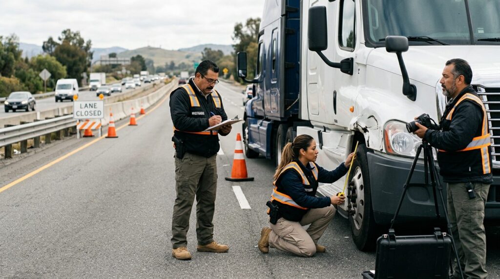 Investigadores documentan accidente de camión comercial en carretera cerrada.