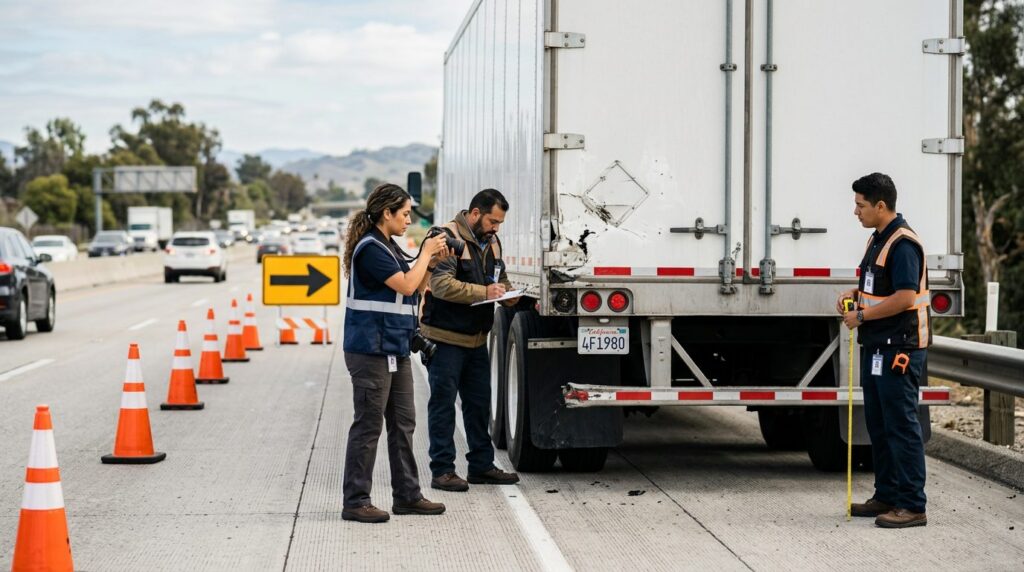 Investigadores documentan accidente de camión comercial en carretera cerrada.