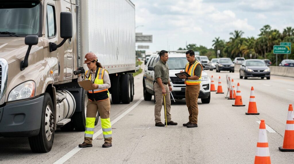 Investigadores documentan accidente de camión comercial en carretera cerrada.