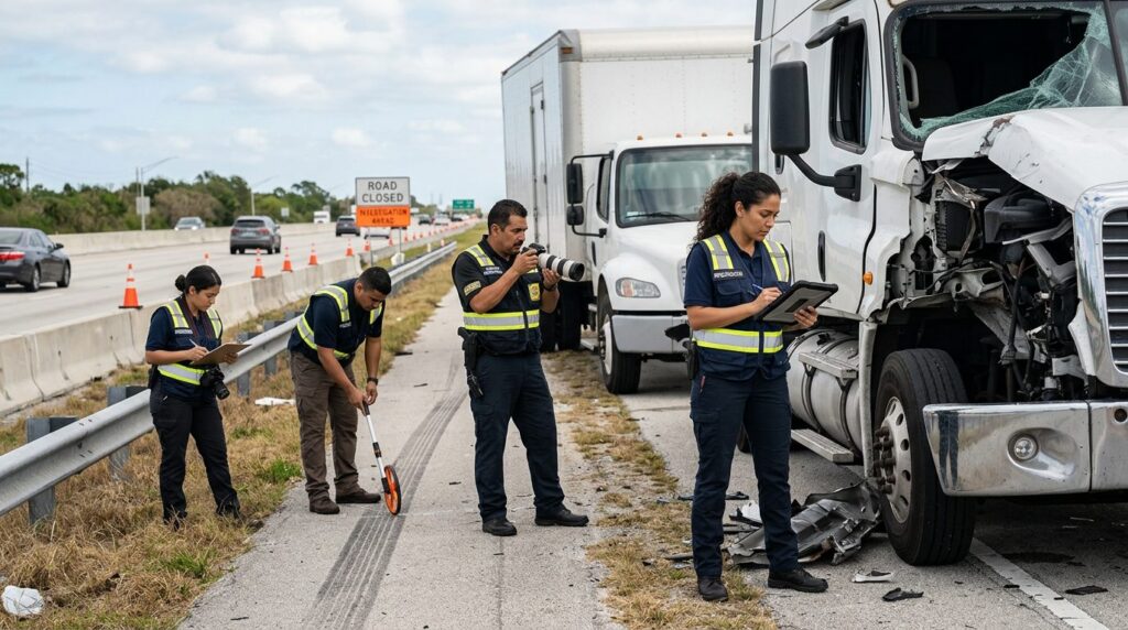 Investigadores documentan accidente de camión comercial en carretera cerrada.