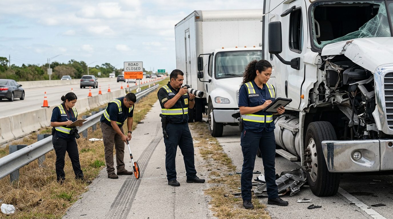 Investigadores documentan accidente de camión comercial en carretera cerrada.