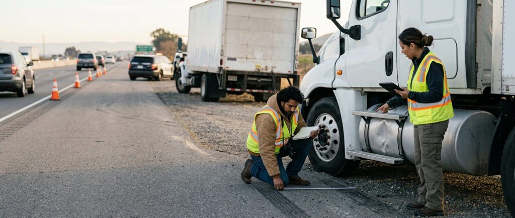 Investigadores documentan accidente de camión comercial en carretera cerrada.