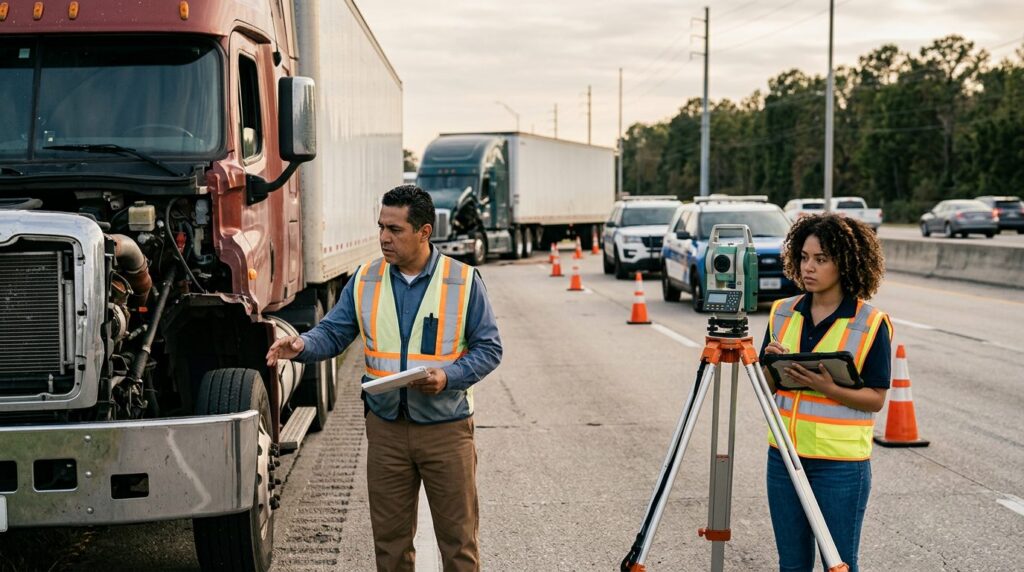 Investigadores documentan accidente de camión comercial en carretera cerrada.