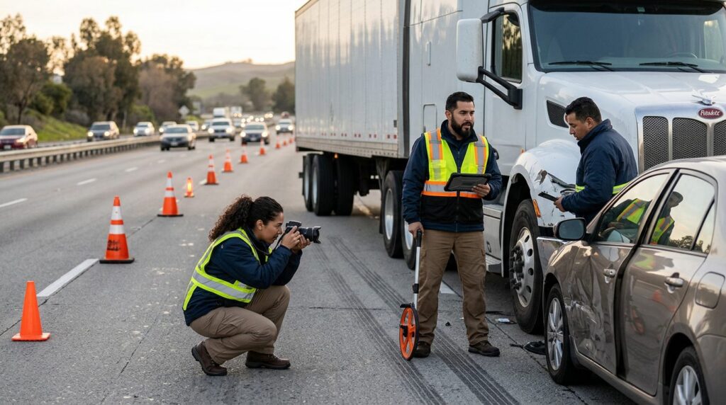 Investigadores documentan accidente de camión comercial en carretera cerrada.
