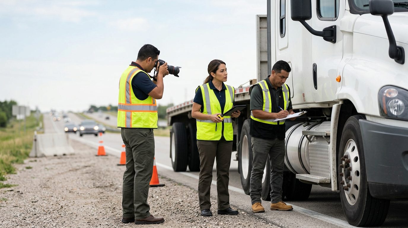 Investigadores documentan accidente de camión comercial en carretera cerrada.