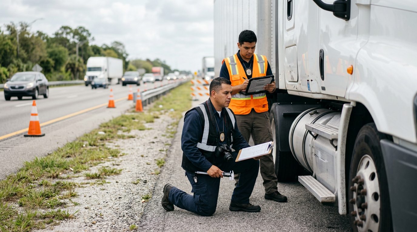 Investigadores documentan accidente de camión comercial en carretera cerrada.