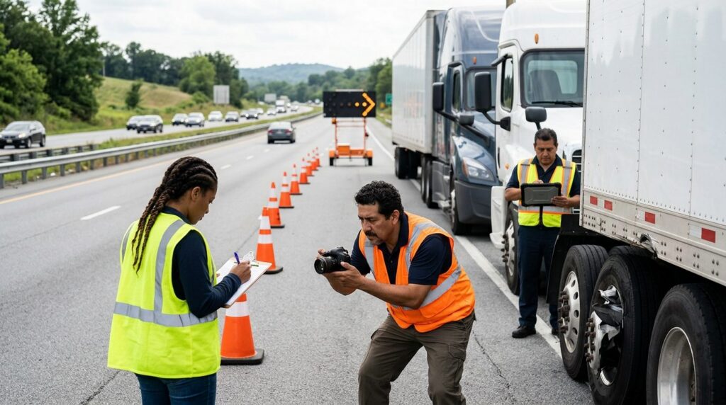 Investigadores documentan accidente de camión comercial en carretera cerrada.