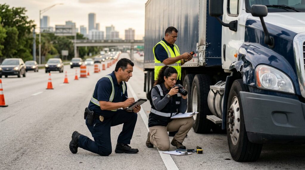 Investigadores documentan accidente de camión comercial en carretera cerrada con personal hispano.