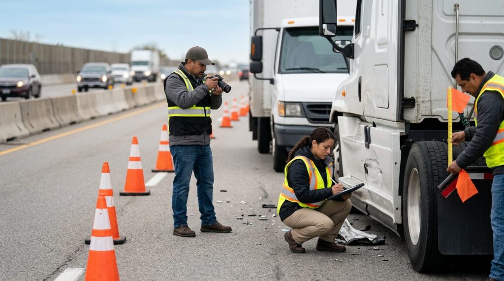 Investigadores documentan accidente de camión comercial en carretera cerrada.
