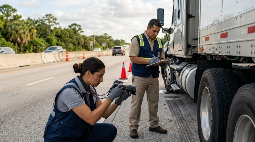 Investigadores documentan accidente de camión comercial en carretera cerrada.