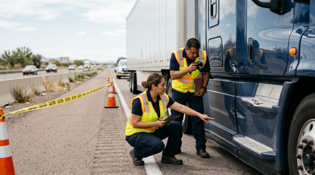 Investigadores documentan accidente de camión comercial en carretera cerrada.