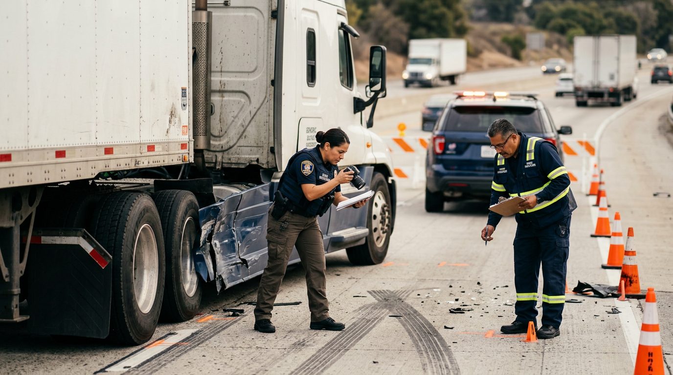 Investigadores documentan accidente de camión comercial en carretera cerrada.