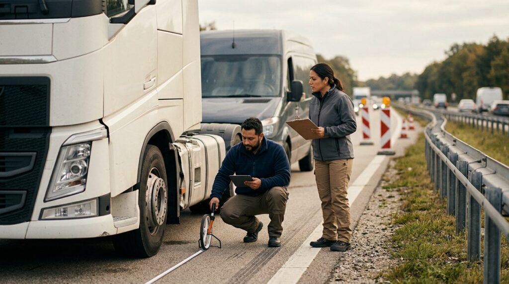 Investigadores documentan accidente de camión en carretera cerrada.