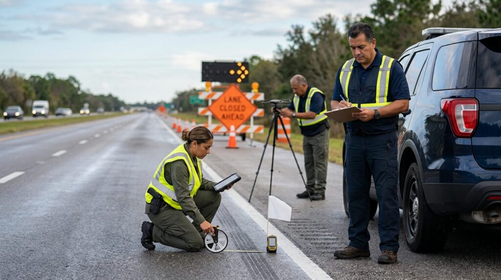 Investigadores documentan accidente de camión en carretera cerrada con personal hispano.