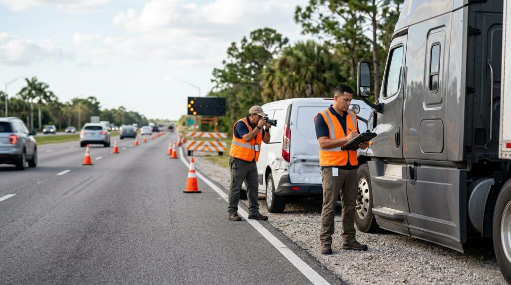 Investigadores documentan accidente vehicular en carretera cerrada con personal hispano.