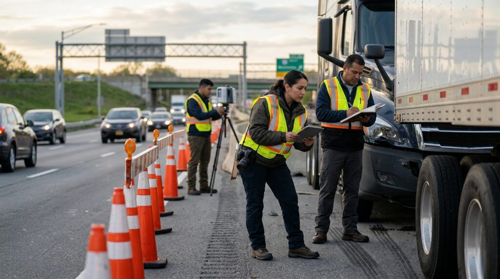 Investigadores documentan accidente vehicular en carretera cerrada con personal hispano.