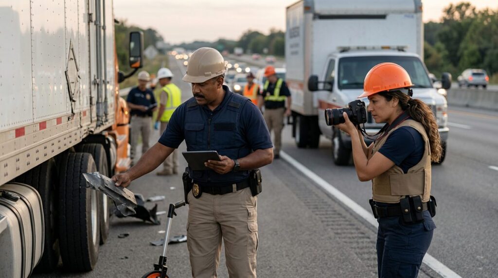 Investigadores documentan accidente vehicular en carretera cerrada.