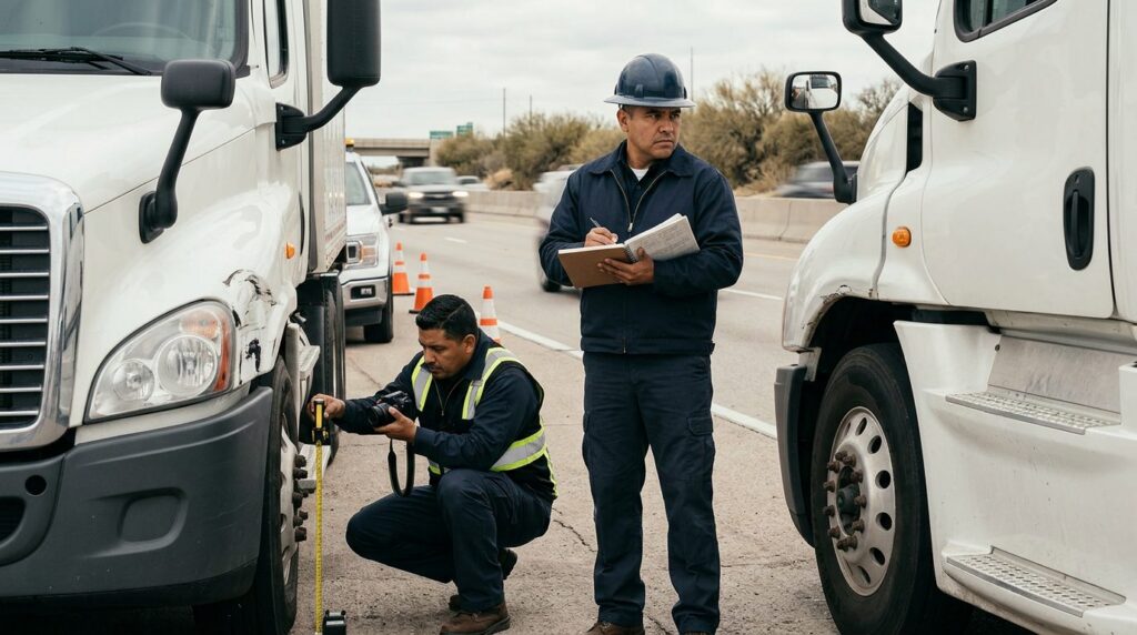 Investigadores documentan accidente vehicular en carretera cerrada con personal hispano presente.
