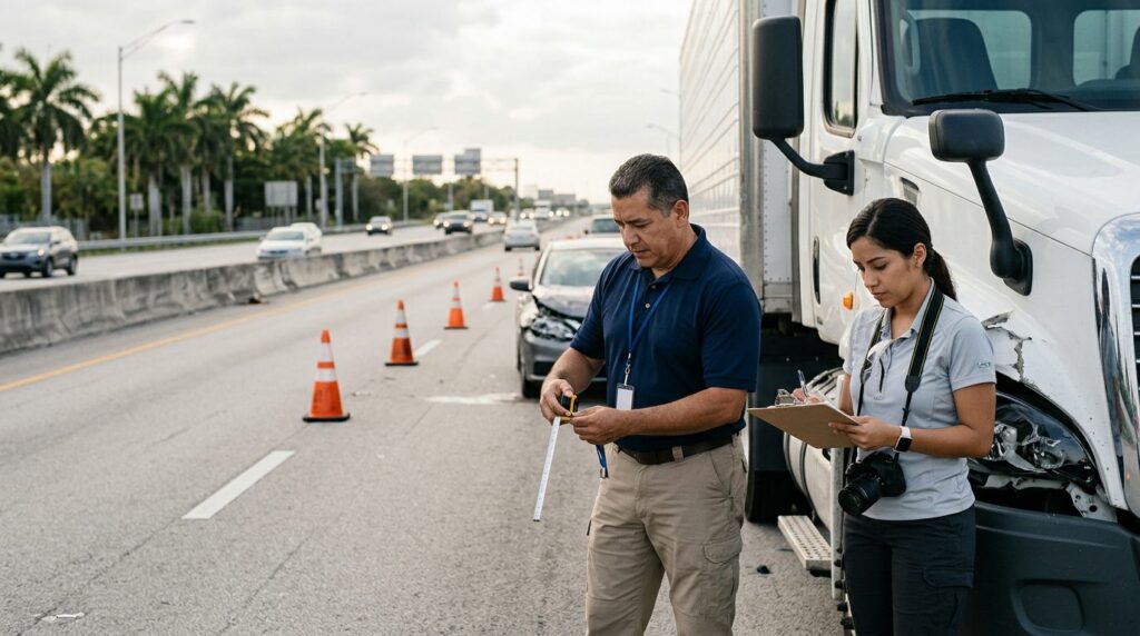 Investigadores documentan accidente vehicular en carretera cerrada con profesionales hispanos.