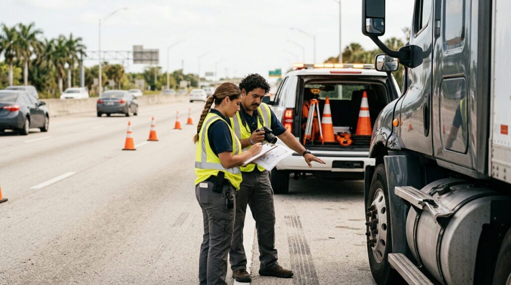 Investigadores documentan accidente vehicular en carretera cerrada con personas hispanas.