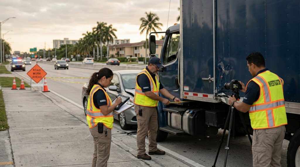Investigadores documentan accidente vehicular en carretera cerrada con personal hispano presente.