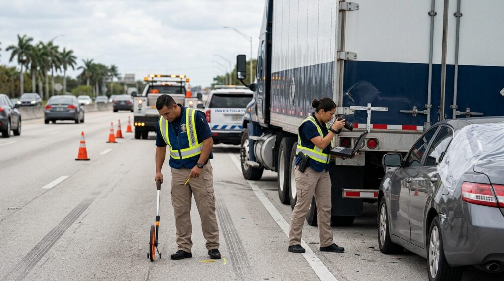 Investigadores documentan accidente vehicular en carretera cerrada junto a camión comercial.