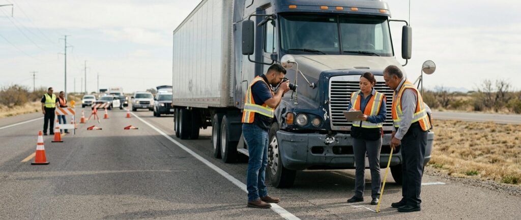 Investigadores documentan accidente vehicular en carretera cerrada con personal hispano.